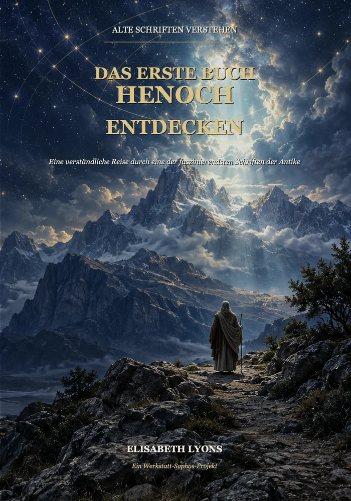 Buchcover: Das Erste Buch Henoch entdecken. Eine Gestalt mit Wanderstab steht auf einem felsigen Pfad vor hohen Bergen unter einem Sternenhimmel.