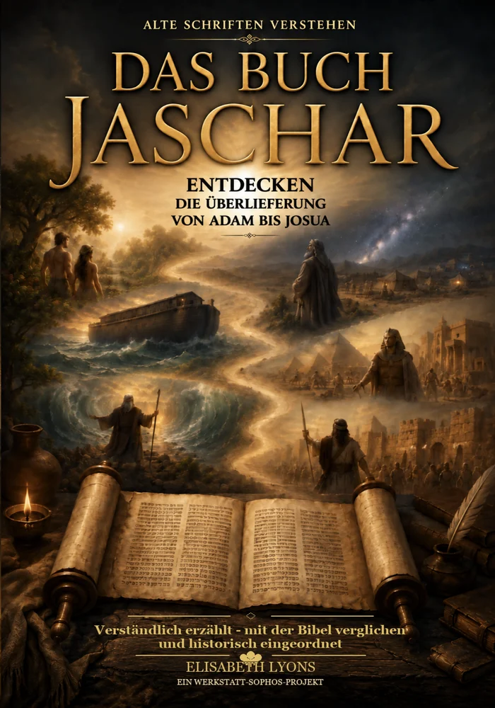 Buchcover: Das Buch Jaschar entdecken. Ein goldener Weg führt von Adam und Eva über die Arche Noah und Mose bis zu Josua, vorne eine geöffnete Schriftrolle.