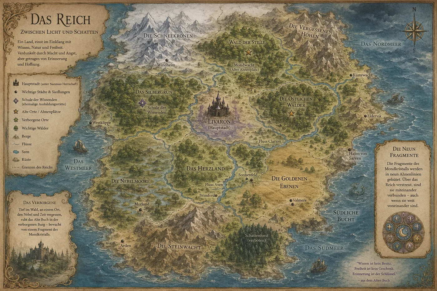 Gezeichnete Fantasy-Karte „Das Reich – Zwischen Licht und Schatten“ mit der Hauptstadt Livaron in der Mitte, Wäldern, Bergen, Mooren, Flüssen und Meeren ringsum, einer Legende und dem Kasten „Die Neun Fragmente“ des Mondkristalls.